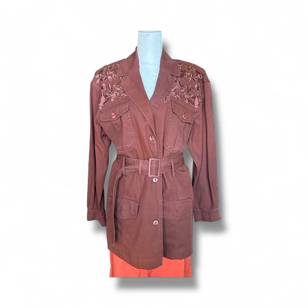 Vintage Poetic License Embroidered Utility Safari Jacket Belted Brown Cotton‎ M